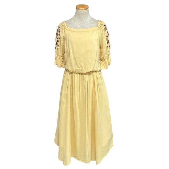 Mystrada Dress Womens 38 Tan Blouson Midi Short Sleeve Embroidery Floral Pockets - Picture 1 of 17